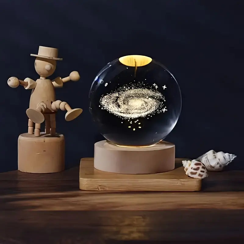 ✨ 3D Лазер Кристал Бөмбөг + Модон Суурьтай Гэрэл